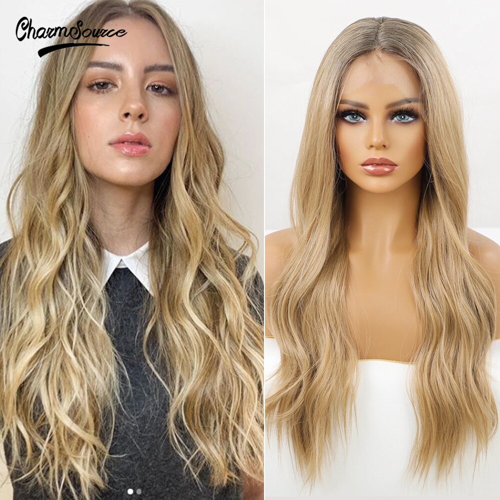 CharmSource Long Natural Wavy Lace Part Synthetic Wigs Light White Blonde for Women Daily Hair High Density Heat Resistant Wig: BL66022-1