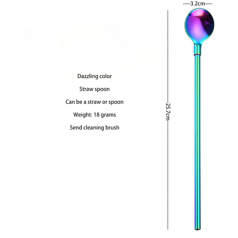Stainless steel reusable western food straw spoon tableware dualuse dessert soup spoon cola drink straw ice spoon stirring spoon: 25.7cm Magic Color