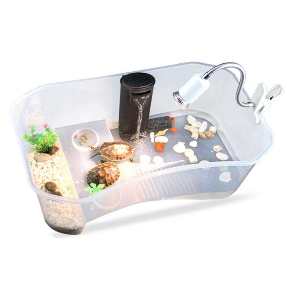 Reptiel, schildpad, terrarium, plastic aquarium, bak met zonnehelling, droogplatform, reptielenkooi: Wit