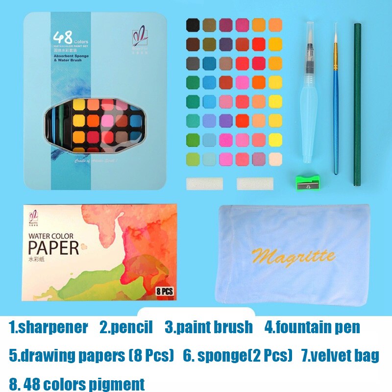 Juego de pintura de acuarela sólida , 48 colores, 63 Uds., juego de arte con pincel de pintura, suministros de arte del pigmento