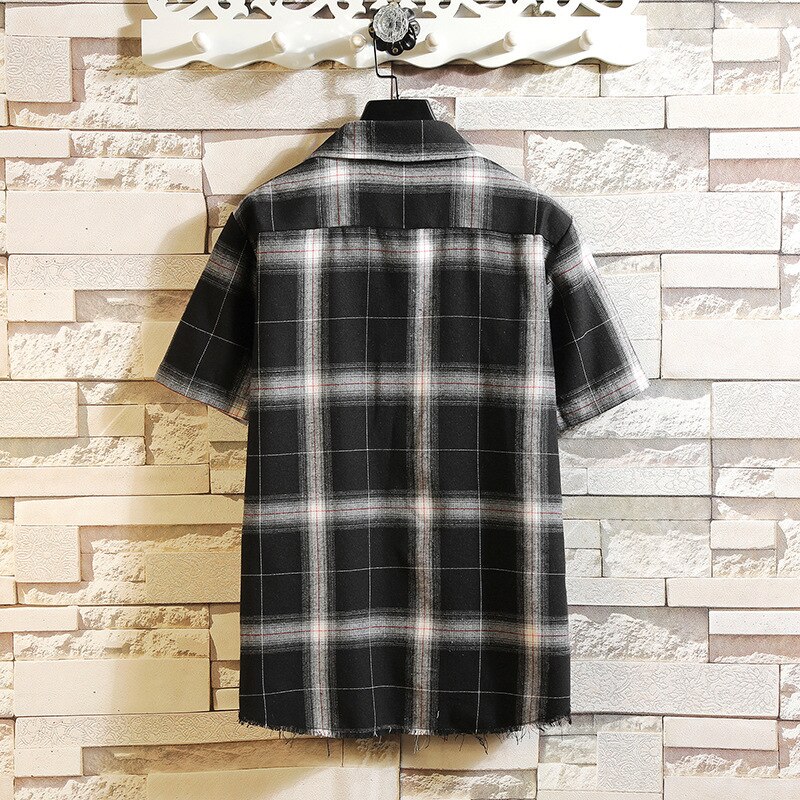 #0103 zomer geruite overhemd heren korte mouw reverskraag wit zwart casual katoenen kantoor overhemd heren retro wit zwart overhemd