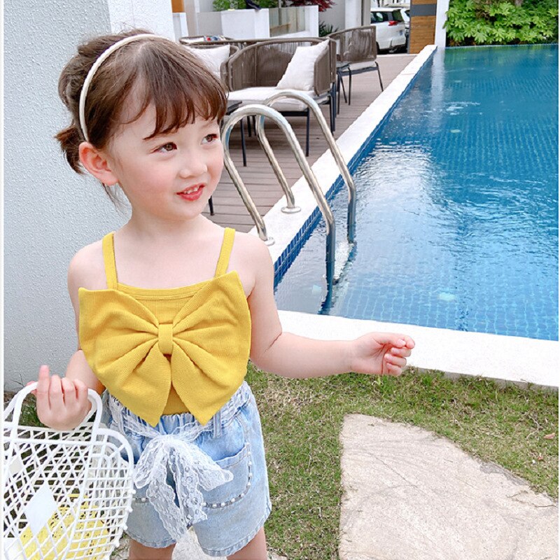 Canotta per bambina Big Bowknot Summer New All-Match Casual Slim Top Baby Kids Cotton Vest abbigliamento per bambini WT701: Yellow / 15(120-130cm)