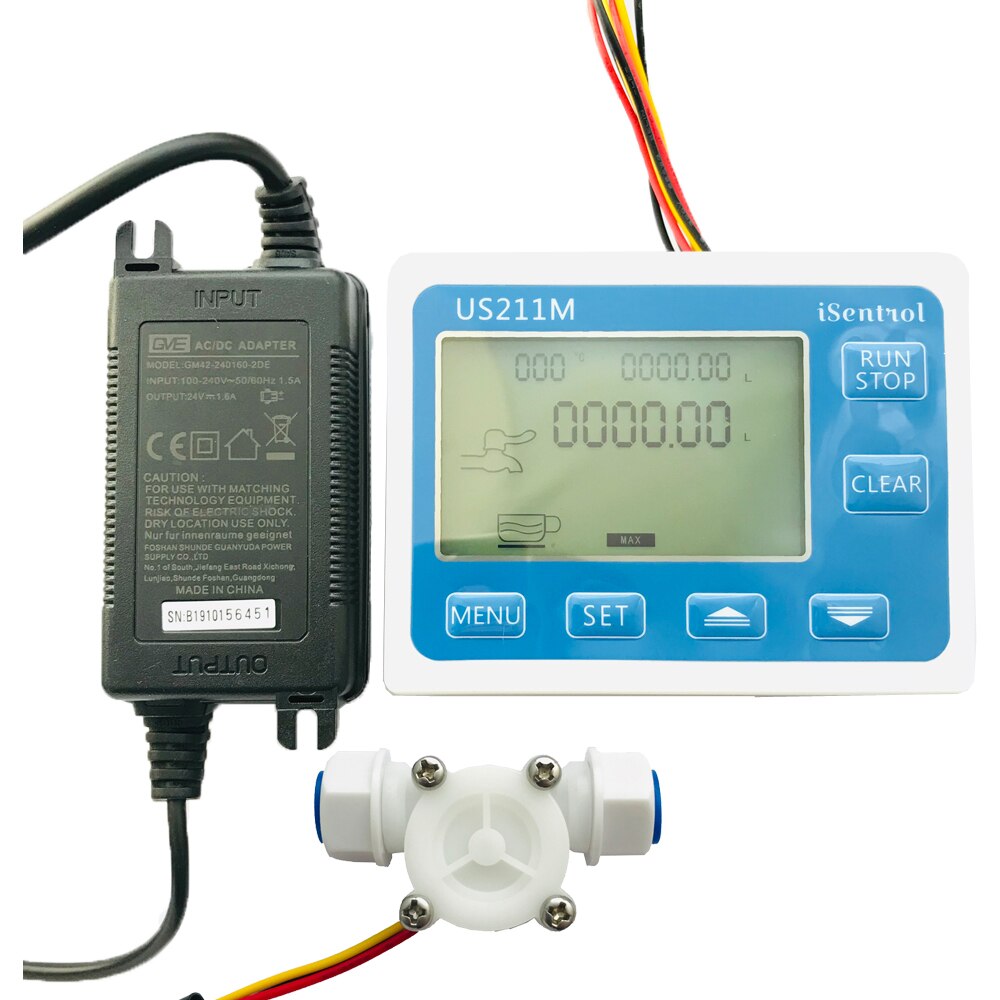US211M Flow Meter Display with USN-HS06PE Hall Flow Sensor Measurement 0.3-3L/min Range for 4-6mm PE pipe iSentrol Saier