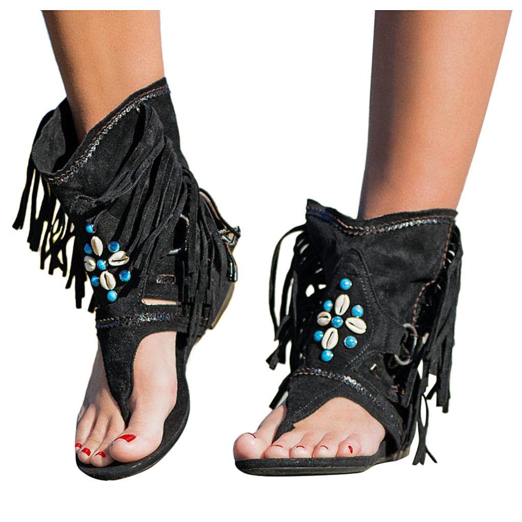 Vrouwen Sandalen Slippers Schoenen Romeinse Sandalen Vrouwen Platte Schoenen Zomer Strand Dames Lederen Schoenen Sandalen Zapatos: Black / 36
