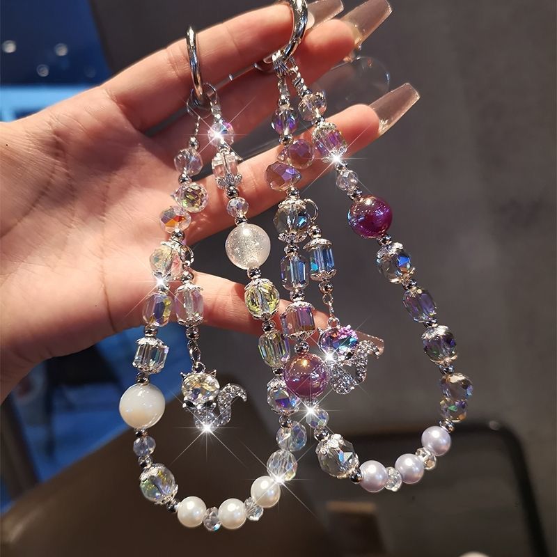 Handmade Beaded Phone Chain Full Diamond Fox Pendant Zircon Pearl Crystal Wrist Style Phone Chain Rope Hanging Rope Lanyard