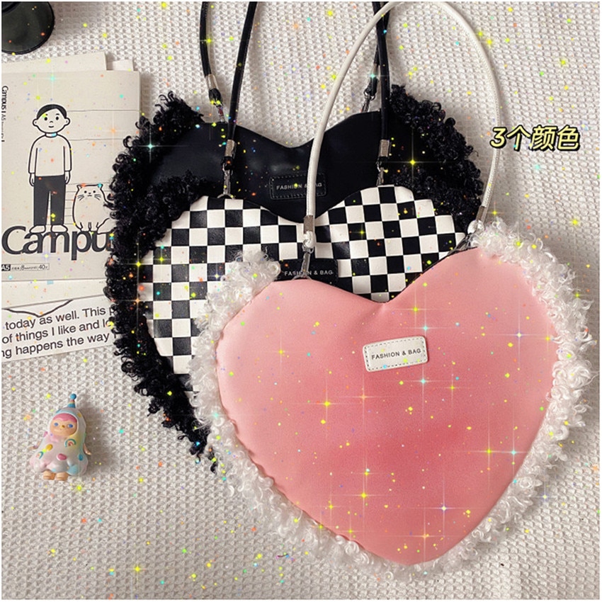 Vrouwen Roze Hart Vormige Schoudertassen Ins Dambord Plaid Dames Crossbody Bag Vrouwelijke Zachte Pu Lederen Onderarm Zak Handtas