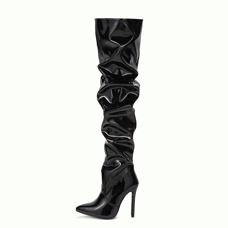 Rihanna style Women Thigh high boots pleated Ultra high heels Ladies Long Boots Patent leather Female boots Shoes: 40