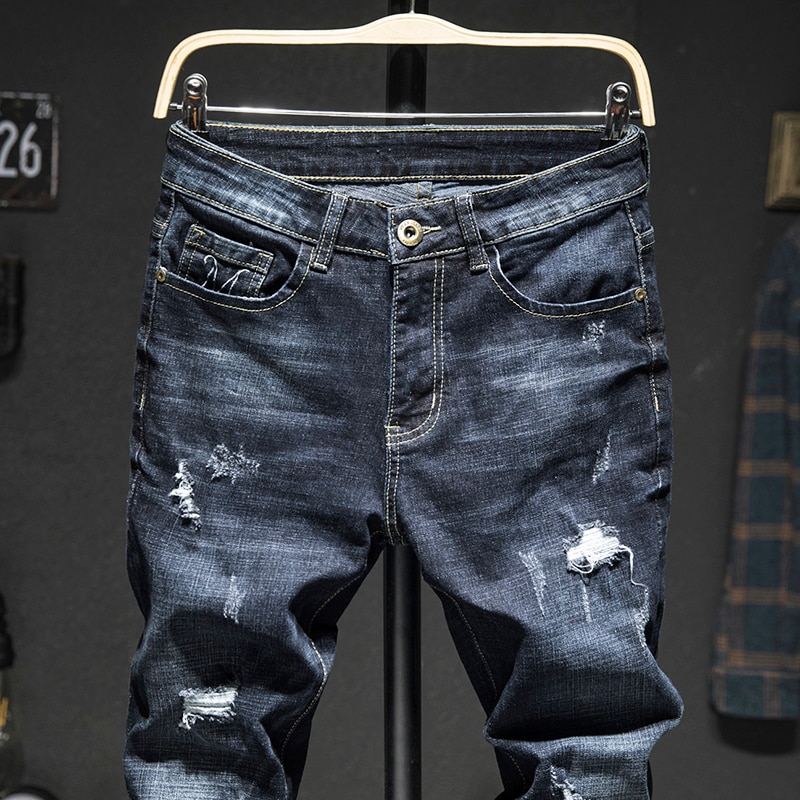 Pantalones vaqueros rasgados para hombre, ropa de calle con aberturas, color azul oscuro, elásticos, Pantalones largos
