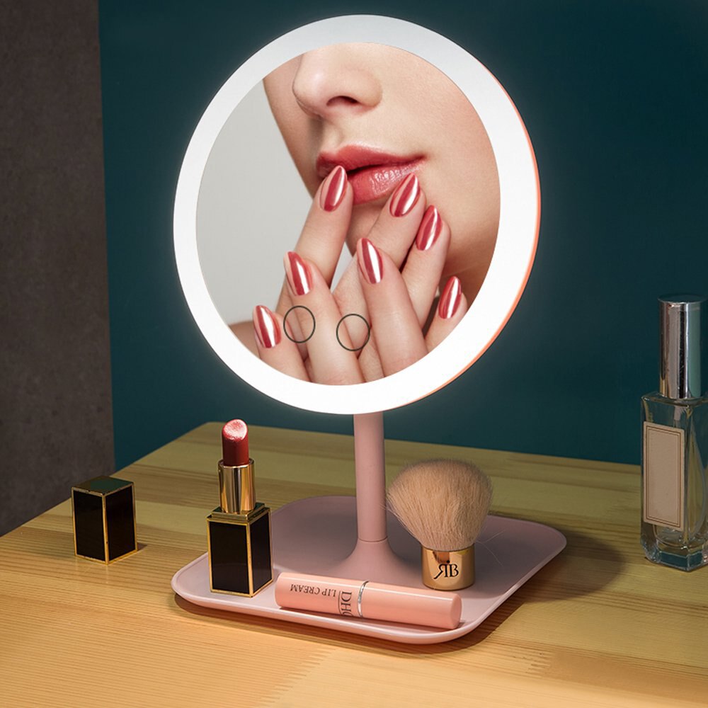 Espejo LED de sobremesa para maquillaje ligero, espejo con luz de relleno, espejo de belleza portátil inteligente con pantalla táctil opcional, brillo, carga USB