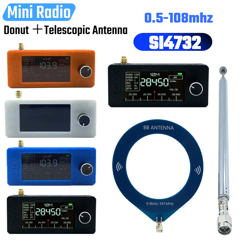 SI4732 0.5-108mhz Pocket Mini Radio HF SW MW VHF All Band Radio Receiver LSB USB AM FM 1.9in Screen Donut＋Telescopic Antenn