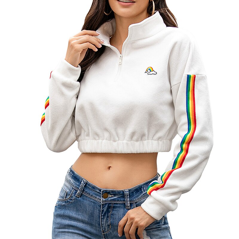 Frauen Zipper Laufen Wandern Sweatshirt frauen Stehen Kragen Pullover Pullover Ausgesetzt Nabel Langarm Sport: XL / White