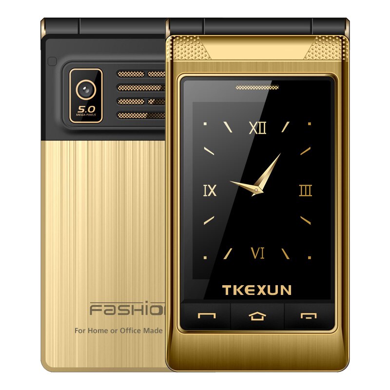 Tkexun G10 3.0 "Dubbele Dual Screen Dual Sim Lange Standby Touchscreen Fm Senior Telefoon Flip Mobiele Telefoon Voor oude Mensen P063: Russian Key / gold