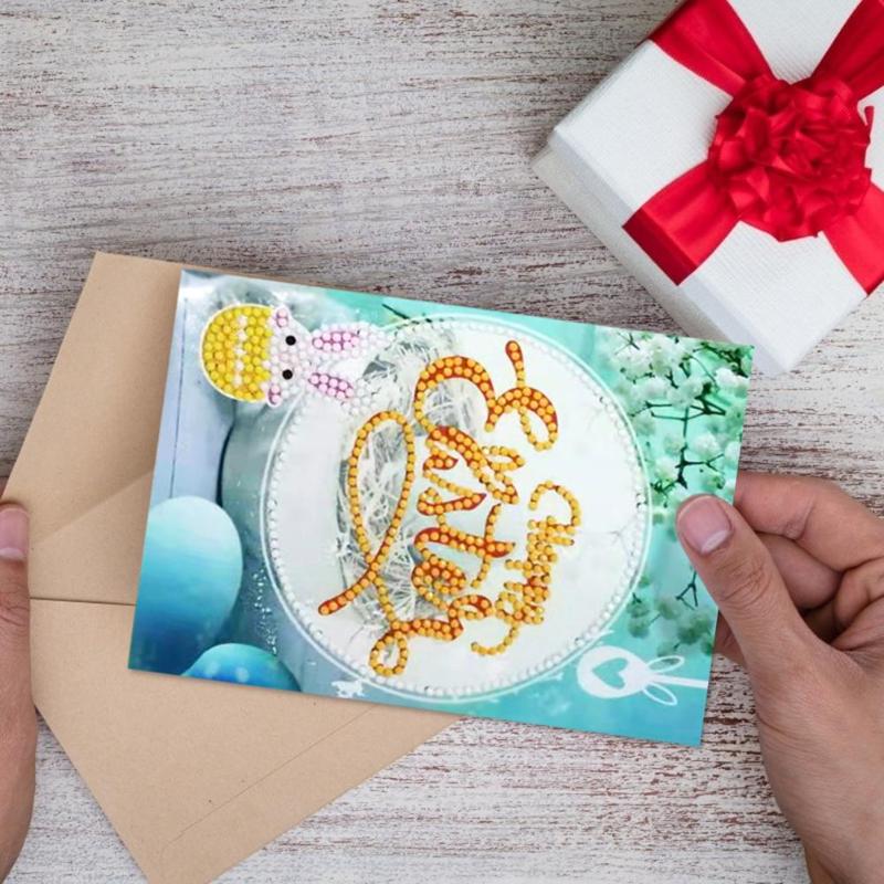 4Pcs 5D DIY Diamond Painting Greeting Cards Wish Easter Party Cards Craft for Kids Decoration