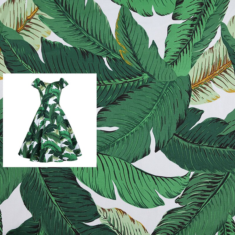 100x140cm Elastic Green Leaves Printed Satin Drill Cotton Fabric Home Textile Handmade DIY Fabric For Sew TableCloth Fabric