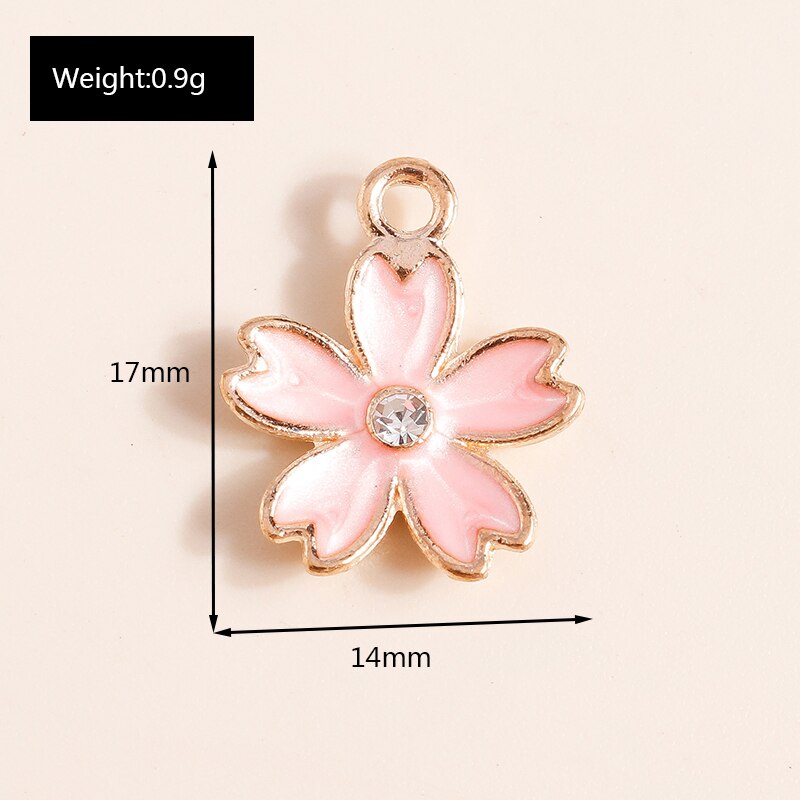 Dijes de flores de cristal rosa para fabricación de joyas, abalorios de plantas de aleación esmaltada para collar y pendientes, 10 piezas, 14x17mm