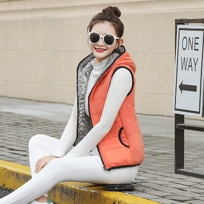 Automne Hiver Femmes Gilet Coton À Capuche décontracté Mince Gilet Sans Manches Femme Veste: Orange / XXL