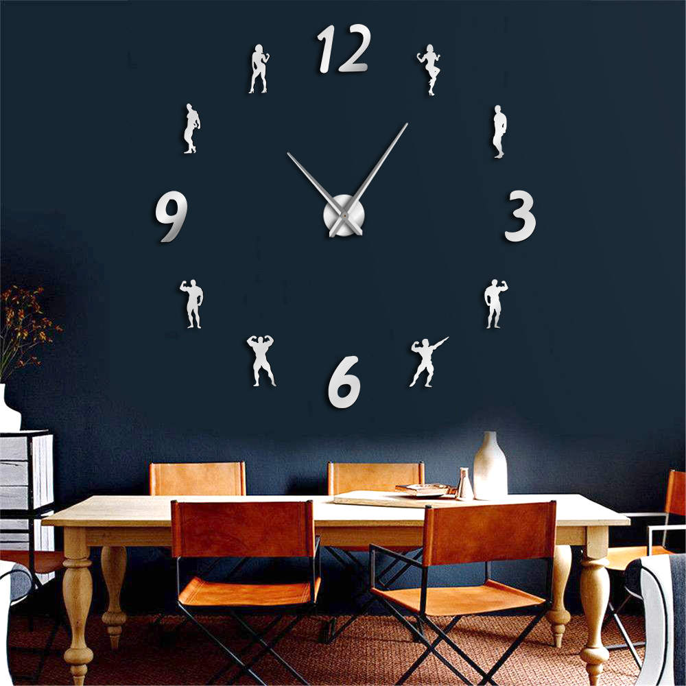 Reloj de pared grande para gimnasio, reloj de pared sin marco, habitación de Fitness moderna, 3D pegatina de pared, para entusiastas del reloj DIY para culturismo