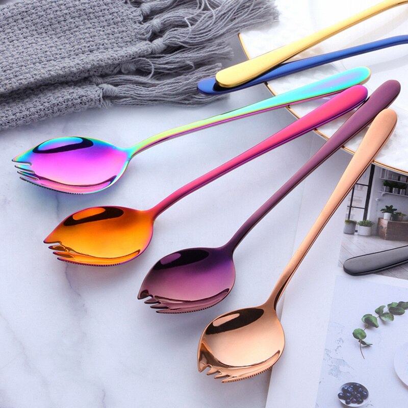 Stainless Steel Fork and Spoon Integrated Spoon and Fork Integrated Korean Household Long-Handled Salad Fork Dessert Fork Spoon