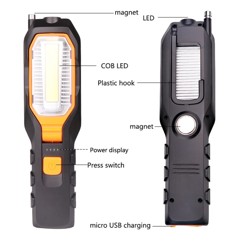 COB LED Work Light USB Rechargeable Power Adjustable Inspection Lamp Magnetic Hand Torch Camping Lantern Hook Magnet Pick Tools