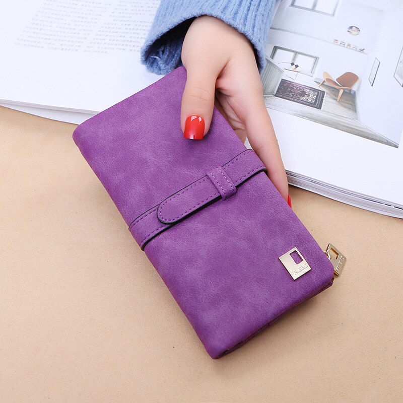 Mode Vrouwen Portefeuilles Trekkoord Nubuck Leer Rits Portemonnee Vrouwen Lange Portemonnee Tweevoudig Meer Kleur Clutch: Purple