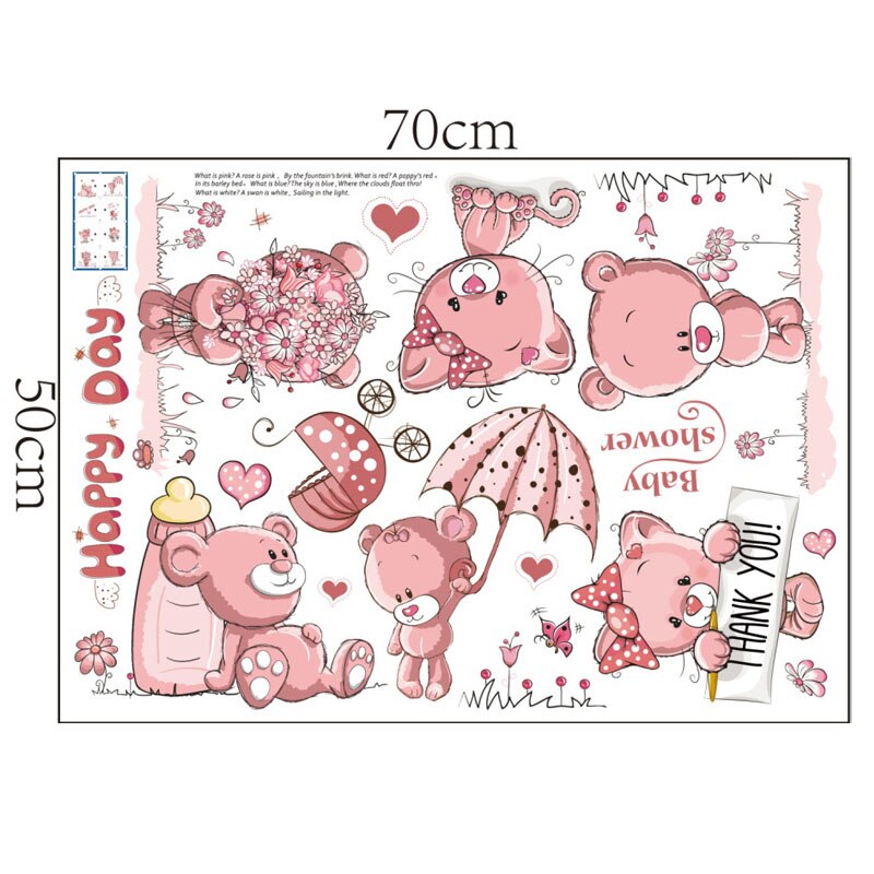Happy Pink Bear Wall Stickers for Kids Rooms Home Decor DIY Cartoon Wall Decals Modern Warm Bedroom Decoration Mural Art Sticker: Default Title