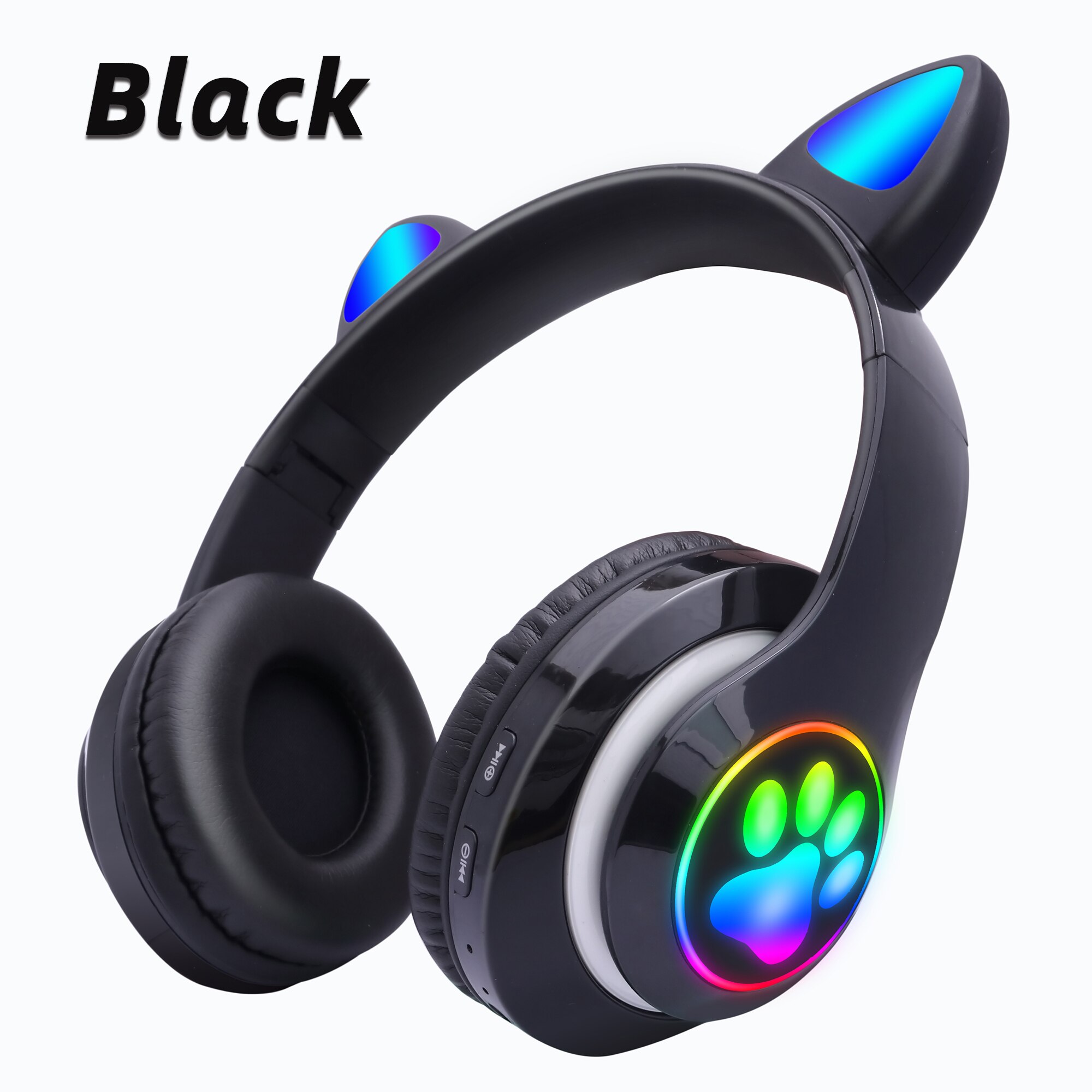 Różowe słodkie kocie uszy bezprzewodowe słuchawki zestaw słuchawkowy zgodny z Bluetooth Stereofoniczne składane słuchawki z mikrofonem muzyka prezent dla dziewczynki: Black