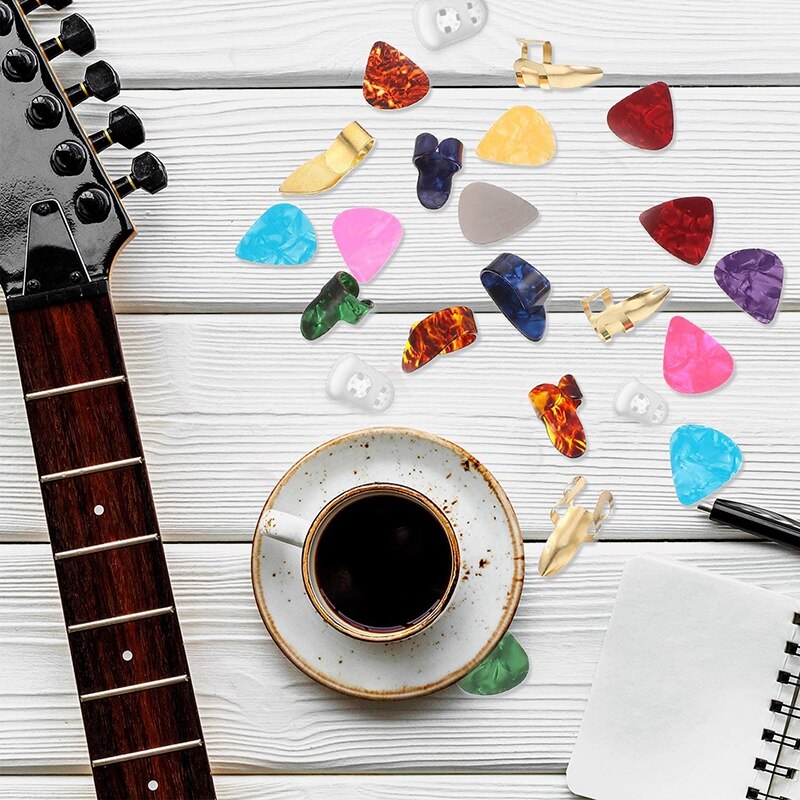 58 piezas púas de guitarra púas para pulgar púas de guitarra de Metal película protectora de la yema del dedo accesorios de guitarra de celuloide Kit con electrónica