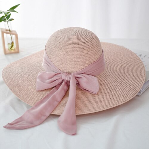 Ht2259 panama damer hatte strand stor bånd sløjfe stor bred skygge hat kvinder sommer pakkes floppy strand sol hat halm: Lyserød