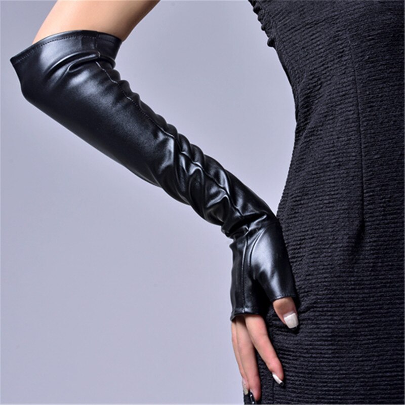 Winter Women's PU Fingerless Gloves Long Thermal Gloves Semi finger Raglan Arm Warmers 40cm/46cm AD0603: 40cm