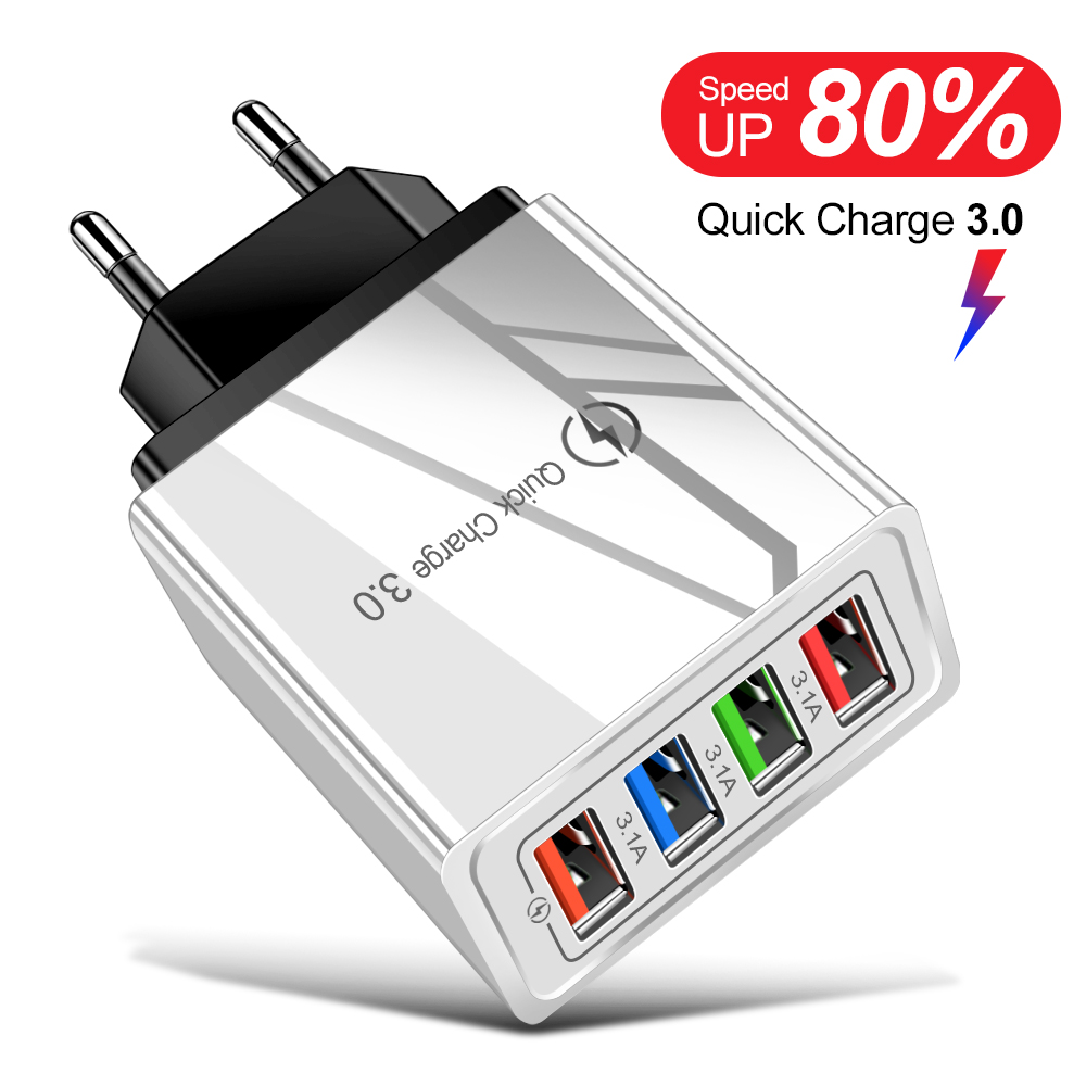 Usb Charger 4 Poorten 18W Quick Lader Snel Opladen Voor Iphone 13 12 Xiaomi Samsung S10 Huawei Draagbare Eu/Us Plug Muur Chargers