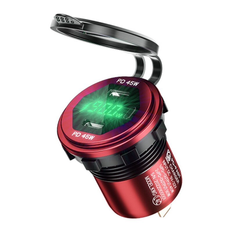 12v-24v dual 45w type c usb c pd fast car phone charger with led voltmeter switch for mobile phone, tablet, laptop: Red light / Blue 