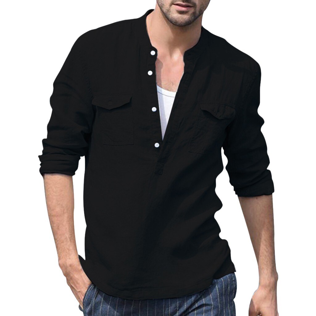 FREE OSTRICH Casual Shirt Men's Loose Cotton Linen Pocket Solid Color Long Sleeve Shirt Casual Comfortable Men's Shirts