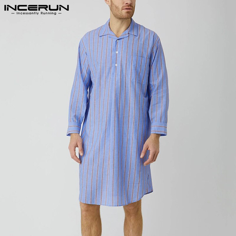 INCERUN Men Striped Nigthwear Robes Long Sleeve Lapel Sleep Robes Loose Pockets Homewear Breathable Bathrobes Plus Size7