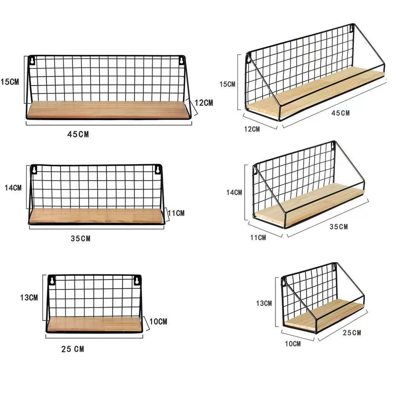 Floating Shelves Wall Mounted Rustic Wood Storage Display Shelf with Metal Wire Basket Hanging Shelf for Kitchen Office Bedroom