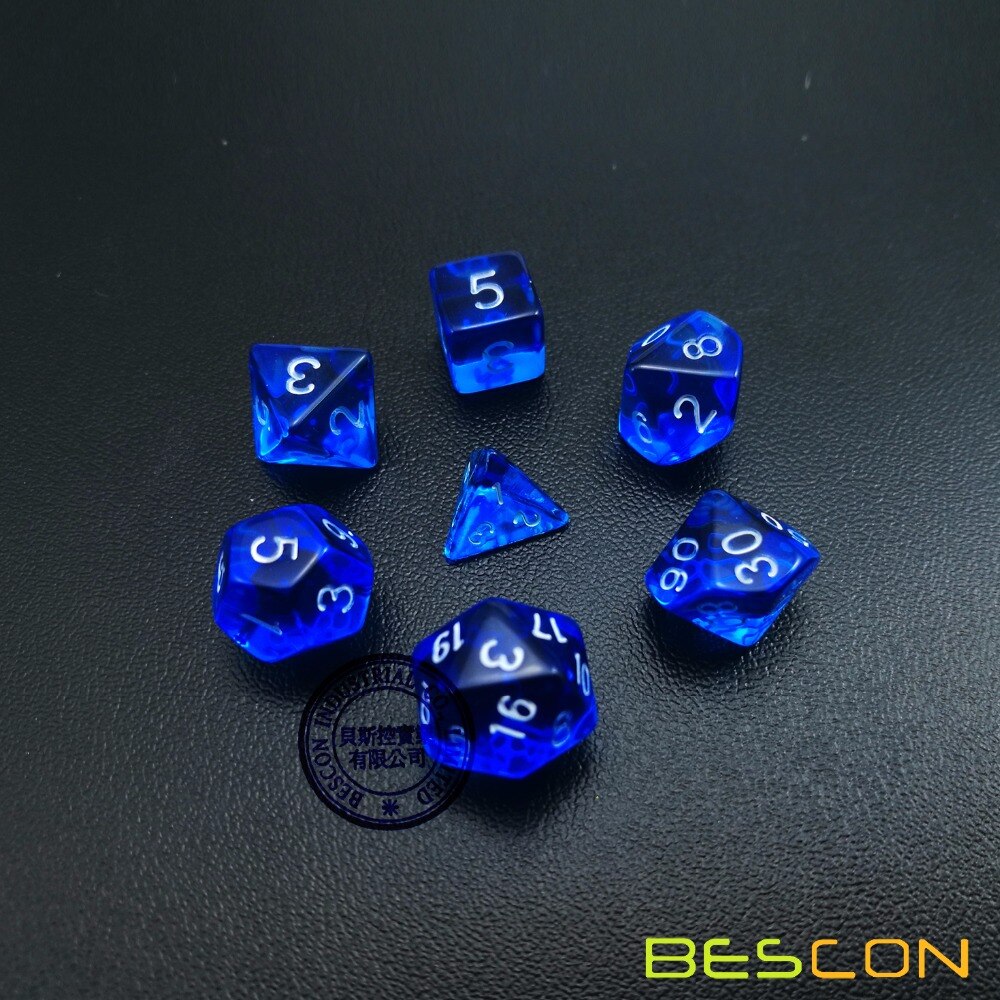 Bescon mini Traslucido Poliedrica RPG Dadi impostato 10MM, ottavino RPG Giochi di Ruolo Gioco di Dadi impostato D4-D20 in Tubo, Blu Trasparente