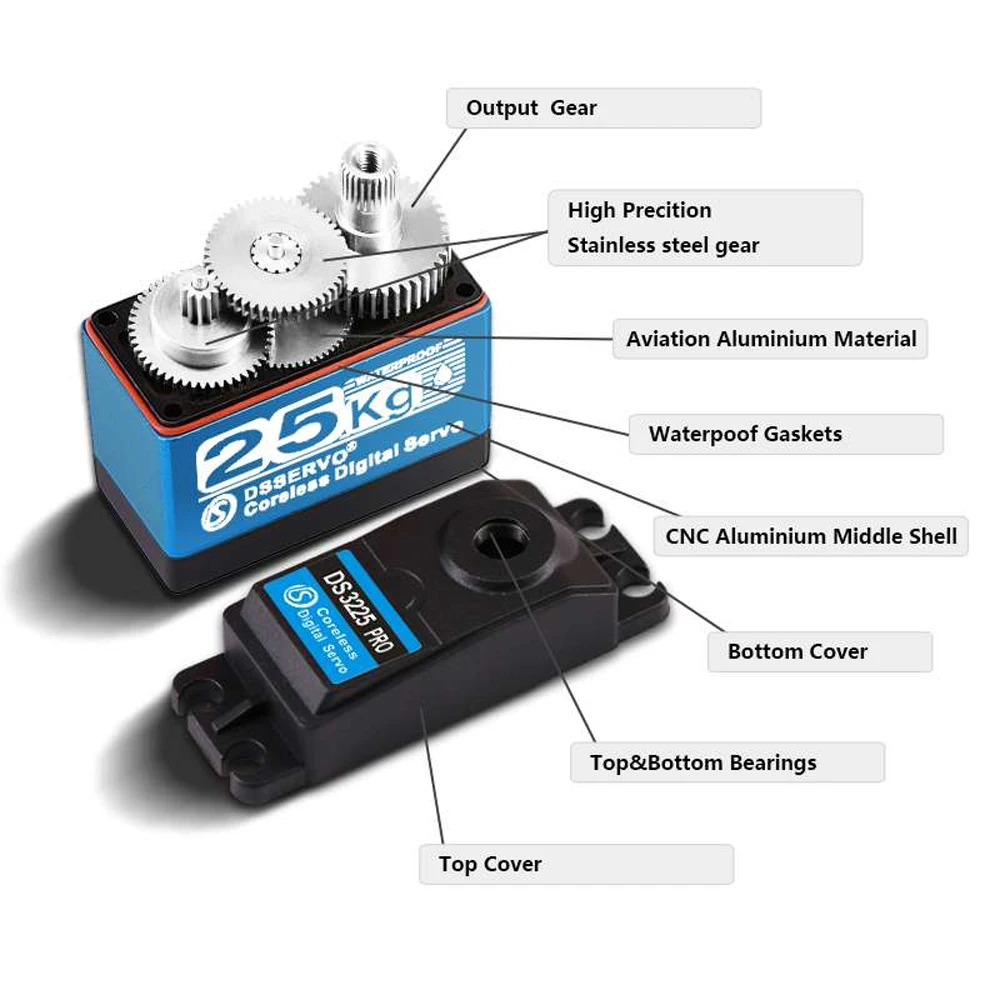 DS3225 Pro actualizar 25KG Servo Digital sin núcleo alto Torque 180/270 grados engranaje de Metal impermeable para 1:8 1:10 1:12 RC coche Robot