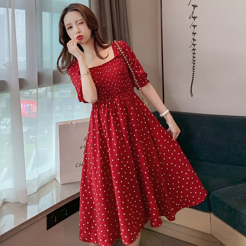 8012# Summer Korean Maternity Long Dress Slim Charming Clothes for Pregnant Women Wine Red Dot Pregnancy