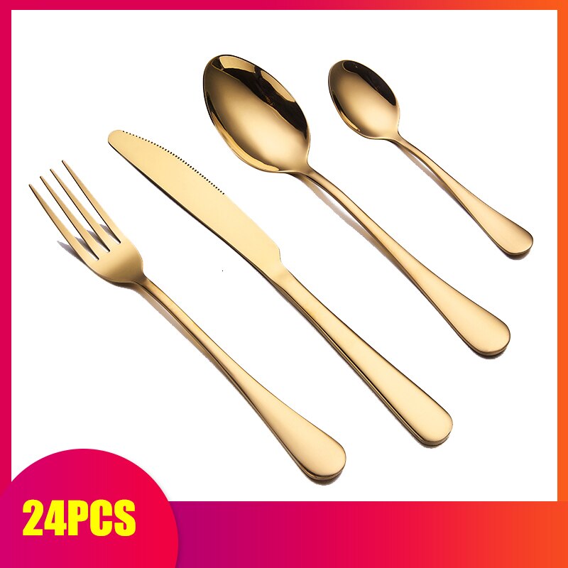 Spklifey guld bestik 24 stk spisestel guld bestik sæt guld ske gafler knive skeer rustfrit stål bestik spisestel