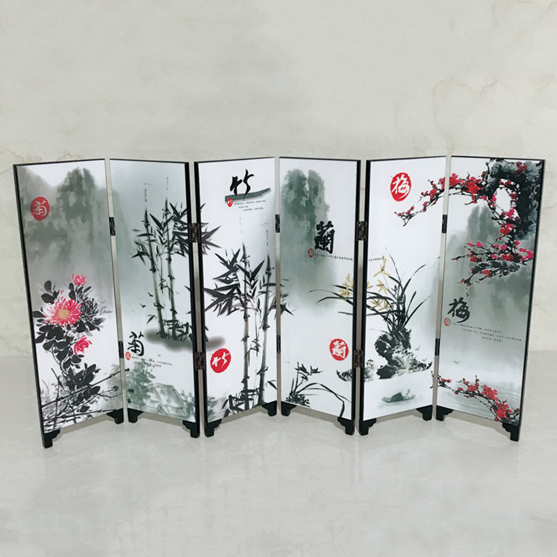 6 paneler blomst bambus skærm 48 x 24 x 0.6cm hjem rumdeler træ folde partition skærm dekoration træ kinesisk stil