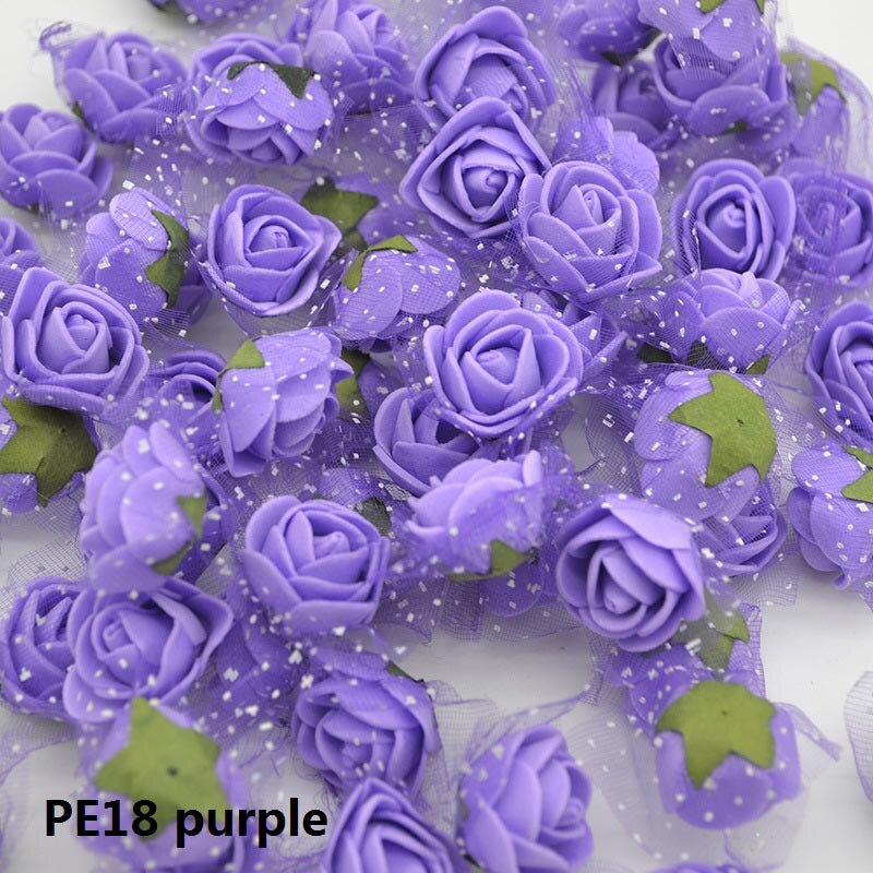 50 st 2cm mini pe skum rosor konstgjorda siden blomhuvuden handgjorda diy krans bröllop födelsedag hem inredning box tillbehör: Pe18 lila
