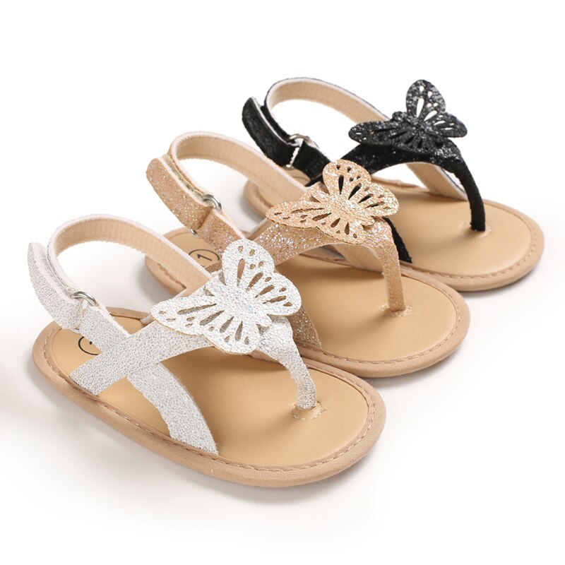 Sandales souples pour bébés filles et garçons de 0 à 18 mois, chaussures d'été décontractées et scintillantes avec papillon, 3 couleurs