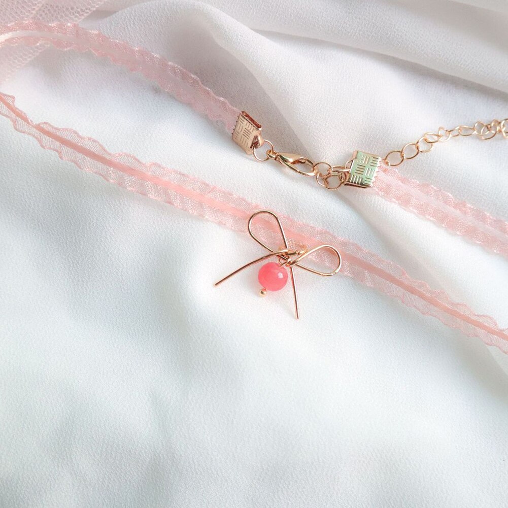 Pingente de coração de pêssego rosa, joia japonesa coreia 2020 para meninas colares curtos de clavícula joias estilosas joias fofas: Pink Bead Bow