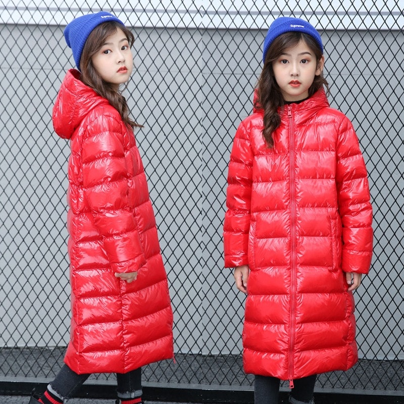 Vinter dunjacka för pojkar och flickor tjock varm glänsande stil barn dun lång parkas kappa barn ytterkläder för 110-160cm
