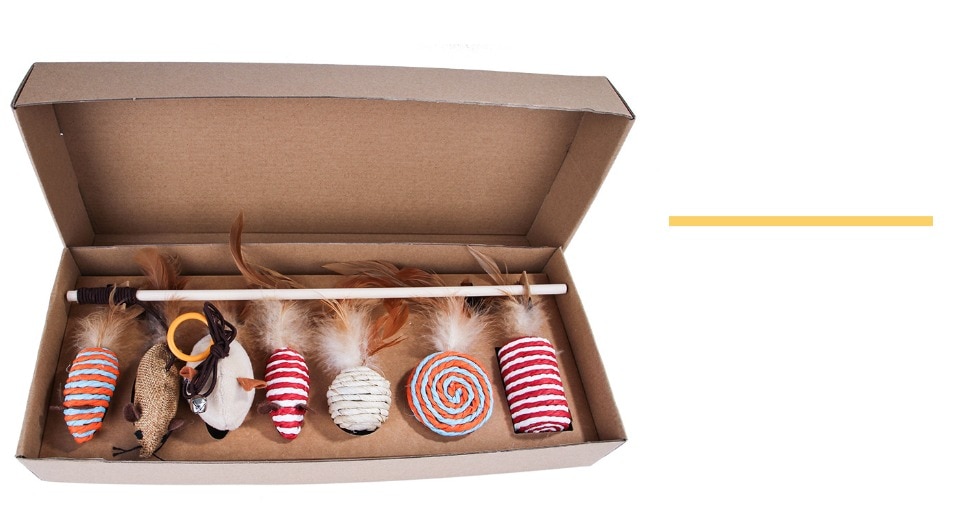 7 Style/1 Set Cat Toy Hemp Rope Interactive Stick Funny Cats Toys Kitten Mouse Fishing Game Wand Feather Accessory