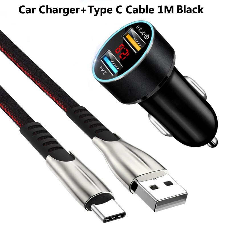 Auto Ladegerät Typ-C Telefon Schnelle Ladegerät Kabel Für Samsung S20 FE Xiaomi X3 NFC Redmi Hinweis 9 9A 9C Schnelle Lade QC 3,0 Auto Ladegerät: Charger Cable Black