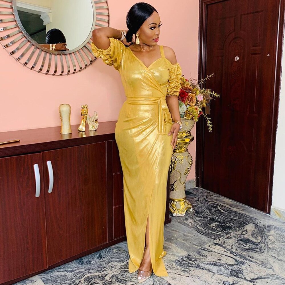 MD Split Sexy Dresses For Women Party African Glitter Gold Maxi Dress Party Gown Slim Dashiki Ladies Clothing European