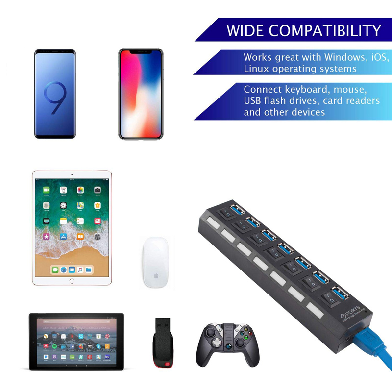 7 Port USB 3.0 Hub With Individual LED Power Switches For Macbook Pro Air Computer PC Laptop Accessories Cable Splitter Adaptor