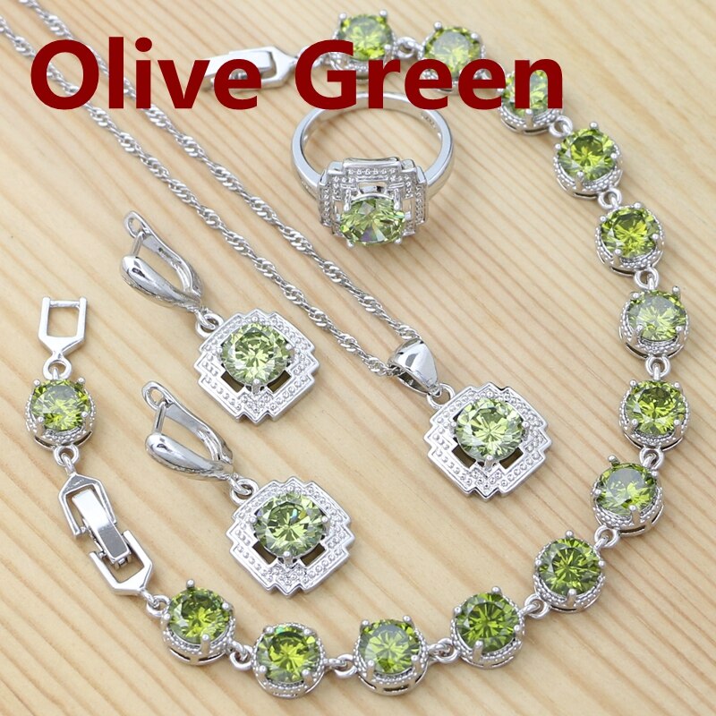 Conjunto de joyería de plata 925 para mujer, anillo redondo rojo granate, pendientes, pulsera, colgante, cadena, joyería cuadrada: Olive Green