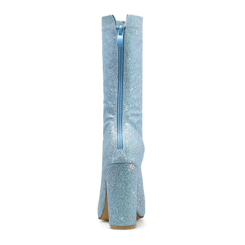 Herfst Winter Vrouwen Bling Enkellaarsjes Cinderella Blauw Vierkant Hoge Hakken Glitter Chelsea Enkellaars Lovertjes Bruiloft Schoenen