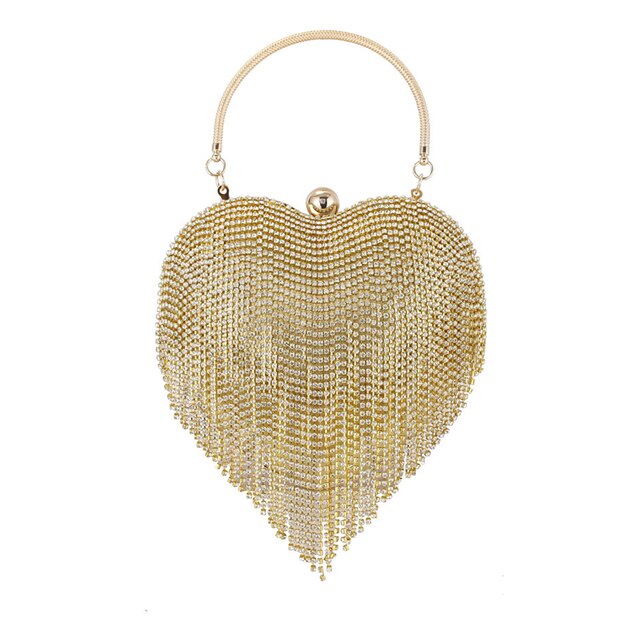 Sacos de embreagem da noite dos diamantes da tira para a mulher 2020 diamante dourado borlas bolsa de embreagem senhoras artesanal coração saco de casamento brilhante: Ouro / Dourado